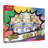 Ascended Heroes Deluxe Pin-Kollektion mit Pokémon-TCG-Packs und auffälliger Verpackungsdisplay.