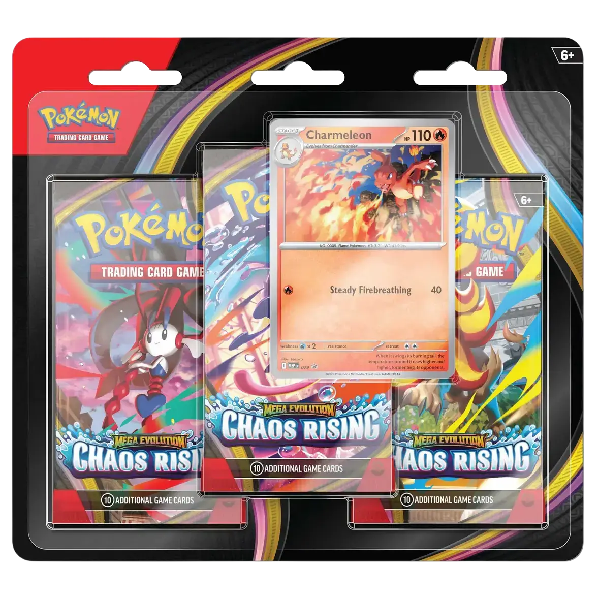 Chaos Rising 3-Pack Blister featuring Charmeleon card and Booster Packs from Pokémon Mega Evolution series.