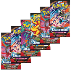 Chaos Rising Booster Bundle featuring 6 Booster Packs from the Pokémon Mega Evolution series.