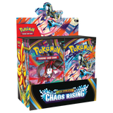 Chaos Rising Booster Box Case with six Pokemon booster boxes featuring Mega Evolution characters.