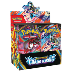 Chaos Rising Booster Box Case with six Pokemon booster boxes featuring Mega Evolution characters.