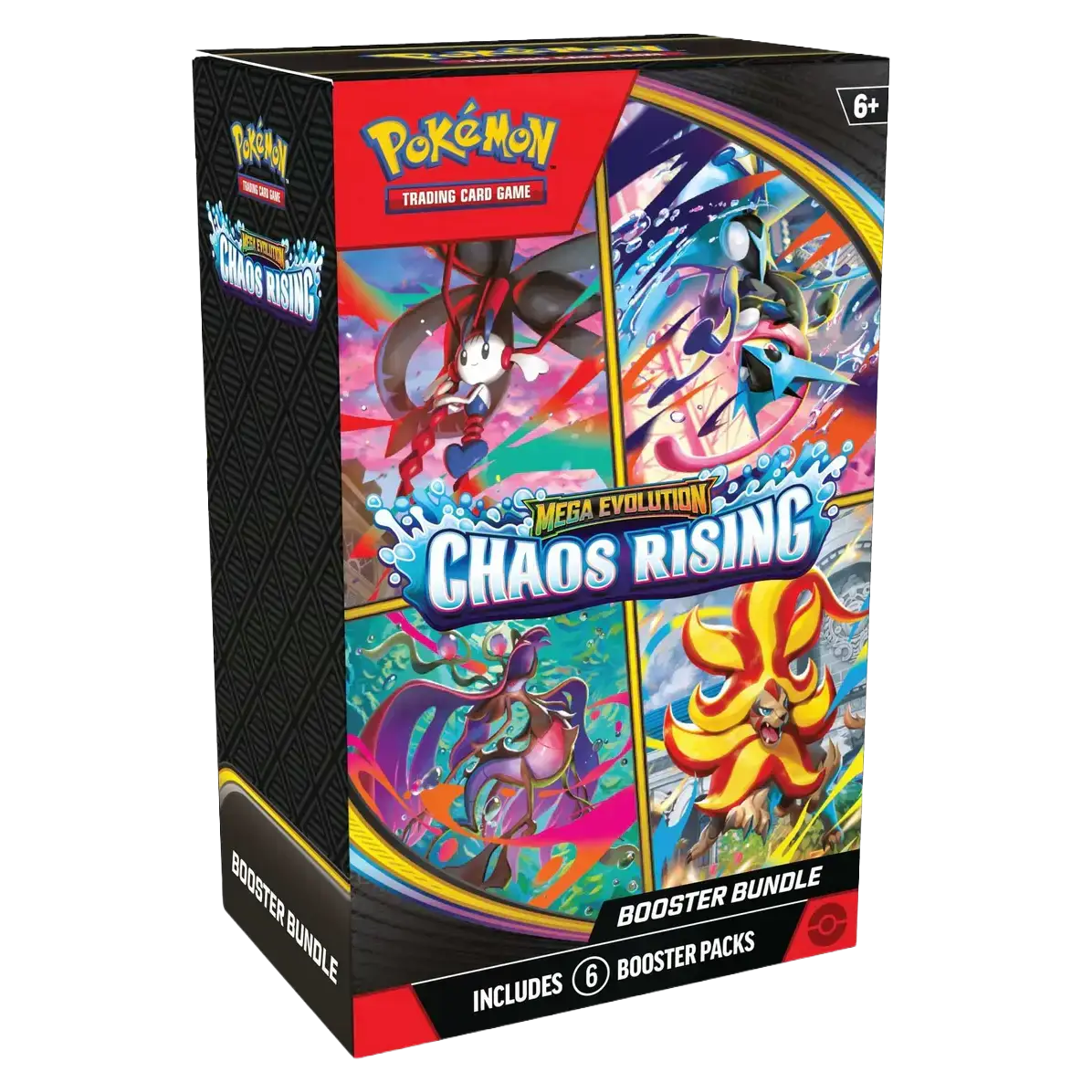 Chaos Rising Booster Bundle featuring 6 booster packs from the Pokémon Mega Evolution series.