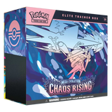 Boîte d'entraîneur d'élite Chaos Rising avec illustration de Méga-Évolution et image de marque du Jeu de Cartes à Collectionner Pokémon.
