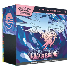 Boîte d'entraîneur d'élite Chaos Rising avec illustration de Méga-Évolution et image de marque du Jeu de Cartes à Collectionner Pokémon.