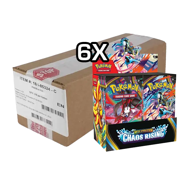 Chaos Rising Booster Box Case featuring six booster boxes of the Pokémon Mega Evolution series.