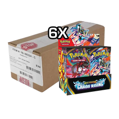 Chaos Rising Booster Box Case featuring six booster boxes of the Pokémon Mega Evolution series.
