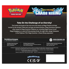Chaos Rising Booster Box back packaging featuring Mega Evolution Pokémon and vibrant design details.