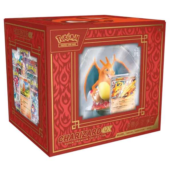 Charizard Super Premium Collection box featuring Charizard figure and foil promo cards for Pokémon fans.