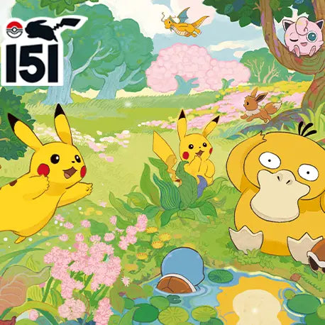 Colorful illustration featuring Pikachu, Psyduck, and Jigglypuff in a vibrant nature setting.
