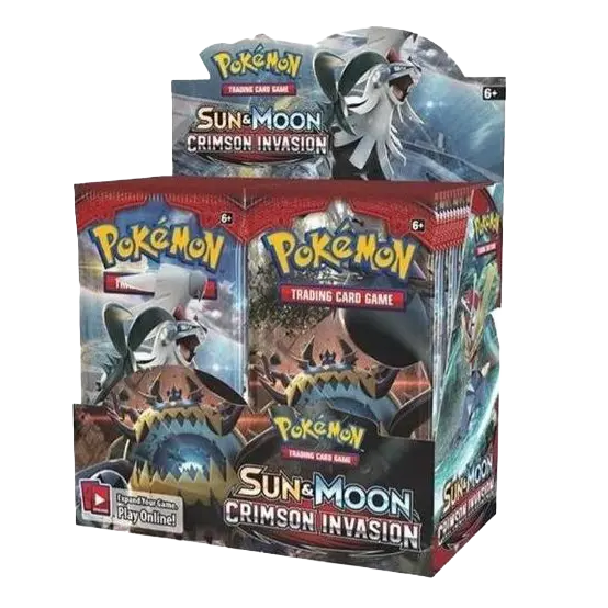 Boîte d'extension Invasion Écarlate mettant en vedette le Jeu de Cartes à Collectionner Pokémon et les Ultra-Chimères de l'extension Soleil et Lune.