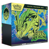 Delta Reign Elite Trainer Box (Live-stream) featuring Mega Rayquaza and colorful design, perfect for collectors.
