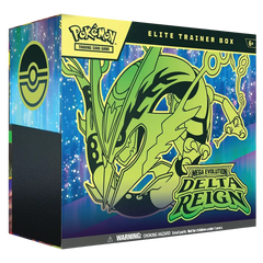 Delta Reign Elite Trainer Box (Live-stream) featuring Mega Rayquaza and colorful design, perfect for collectors.