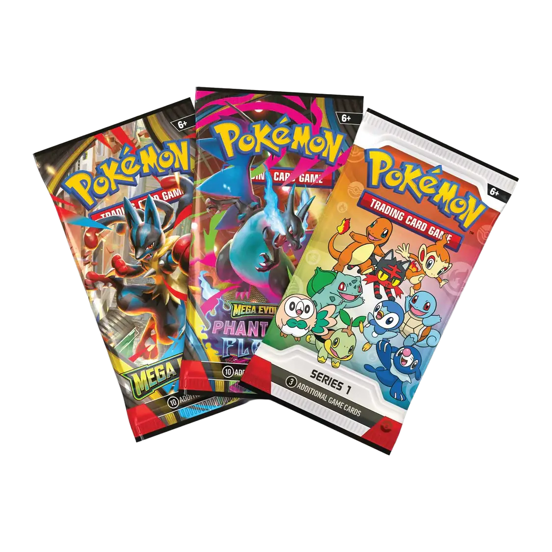 First Partner Illustration Box Series 1 mit drei Pokémon-Sammelkarten-Boosterpacks.