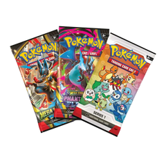First Partner Illustration Box Series 1 mit drei Pokémon-Sammelkarten-Boosterpacks.
