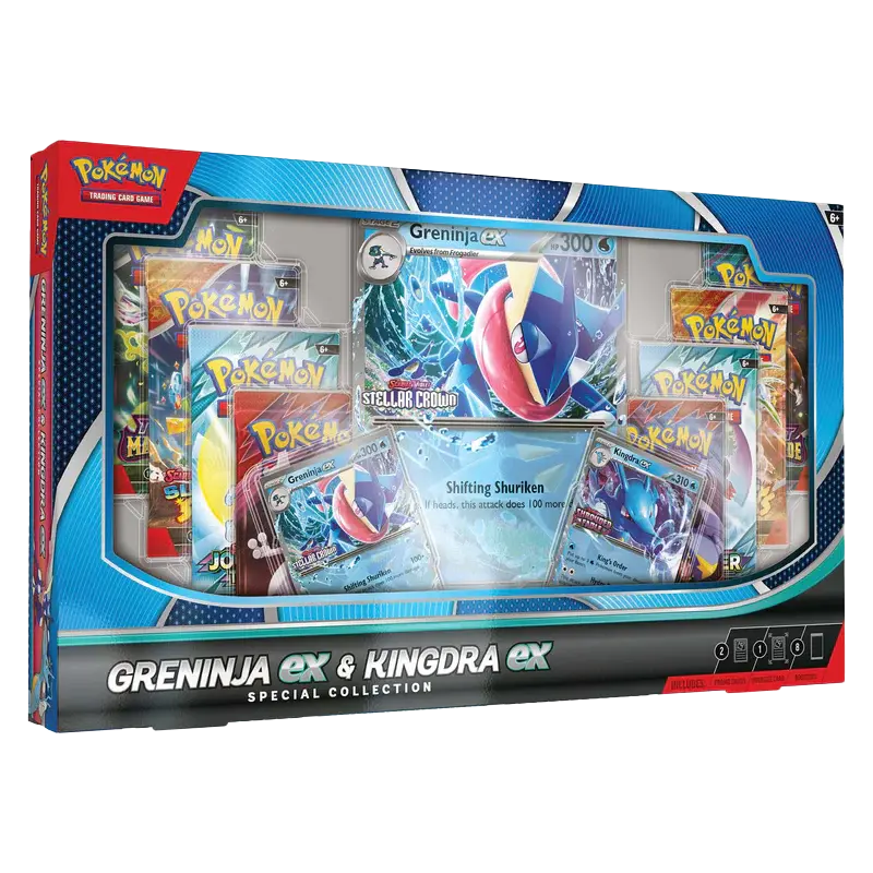Greninja ex Kingdra ex Collection Spéciale comprenant des cartes et des boosters Pokémon TCG dans un emballage coloré.