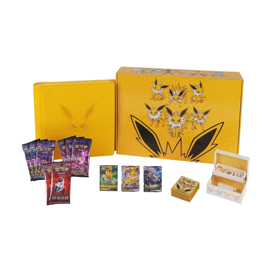 Jolteon Advanced Gift Box with promo cards, booster packs, and orange collector's folder featuring Jolteon design.