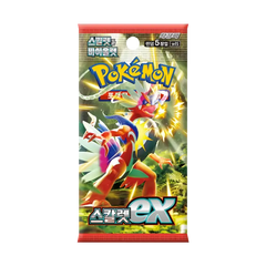 Boîte de boosters coréenne Scarlet EX avec illustration de Pokémon sur le paquet de boosters aux couleurs vives.