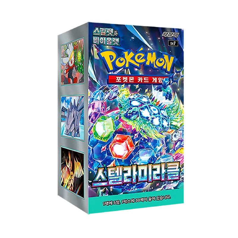 Stellar Miracle Korean Booster Box featuring vibrant Pokémon card artwork and booster pack details.