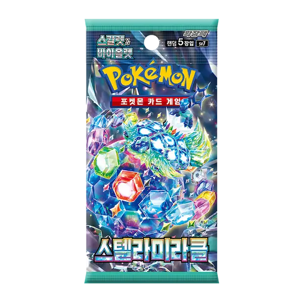 Stellar Miracle Korean Booster Box featuring Pokémon card pack with colorful gems design.