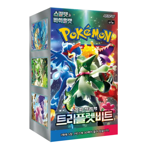 Triplet Beat Koreaanse Booster Box met Pokémon-personages op de verpakking, uitgebracht op 3 mei 2023.