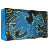 Mega Charizard Ultra Premium Collection box featuring blue outline of Mega Charizard X, perfect for Pokémon collectors.