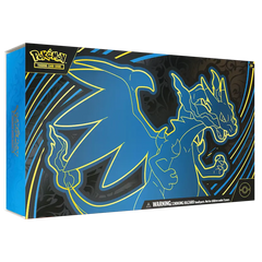 Mega Charizard Ultra Premium Collection box featuring blue outline of Mega Charizard X, perfect for Pokémon collectors.