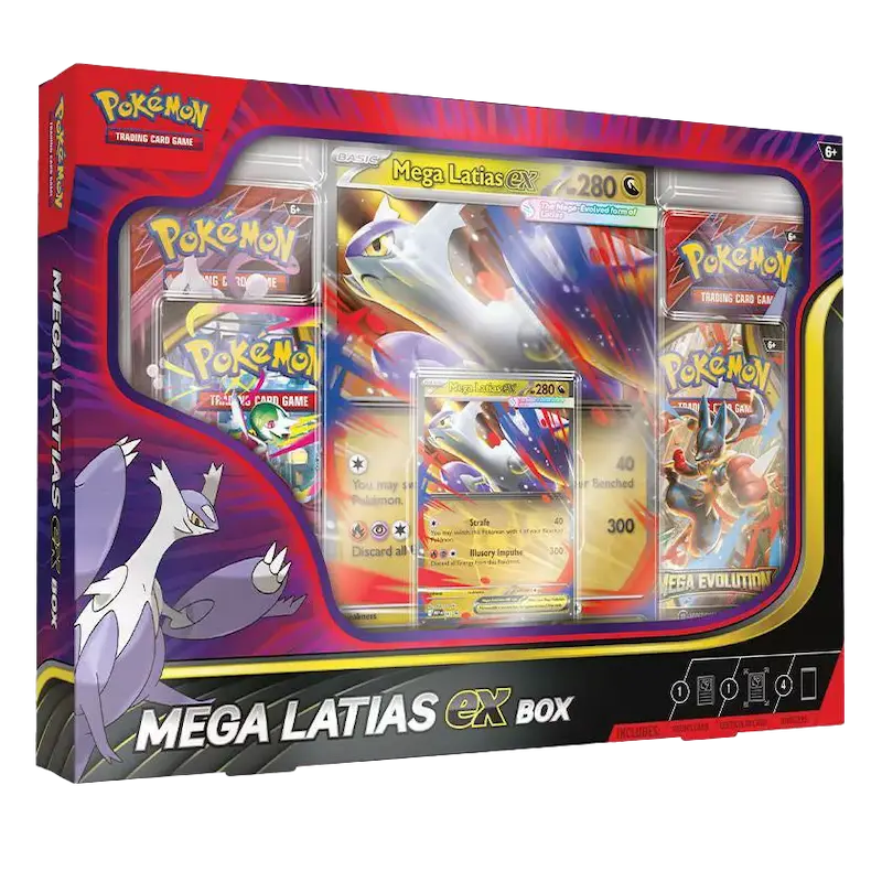 Mega Latias EX Box with foil promo card, oversized card, and booster packs for Pokémon collectors.