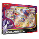 Mega Latias EX Box mit Foil-Promo-Karte, übergroßer Karte und Booster-Packs für Pokémon-Sammler.