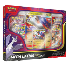 Mega Latias EX Box mit Foil-Promo-Karte, übergroßer Karte und Booster-Packs für Pokémon-Sammler.