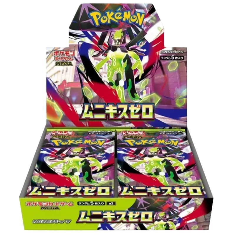 Munikis Zero Booster Box displayed with vibrant artwork, featuring Mega Evolution characters and exciting card designs.