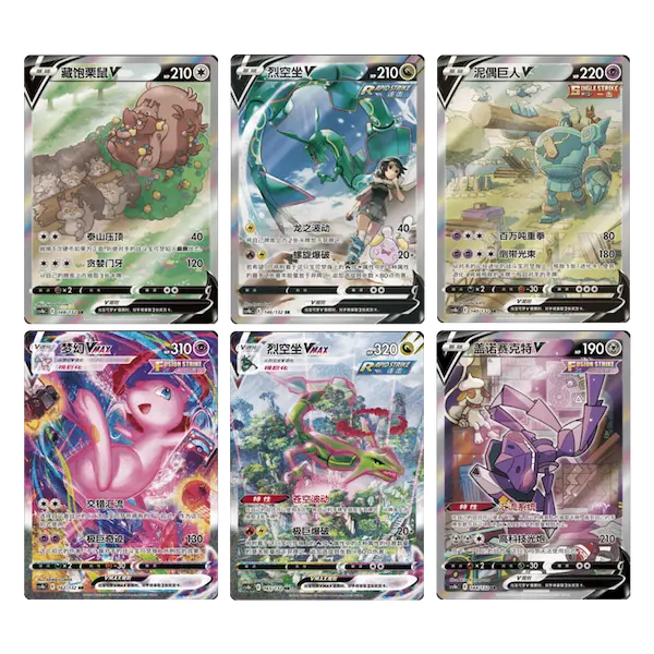 Zes Pokémon TCG-kaarten uit de Chinese set met unieke ontwerpen en hoogwaardige afdrukken.