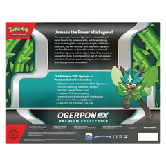 "Achterkant van de Ogerpon EX Collection met Teal Mask Ogerpon en details van de meegeleverde kaarten en accessoires voor Pokémon TCG."