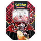 "Paldean Fates EX Tin met Shiny Charizard, Pokémon TCG-product, bevat glimmende Pokémon uit de Scarlet-set."