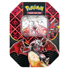 "Paldean Fates EX Tin met Shiny Charizard, Pokémon TCG-product, bevat glimmende Pokémon uit de Scarlet-set."