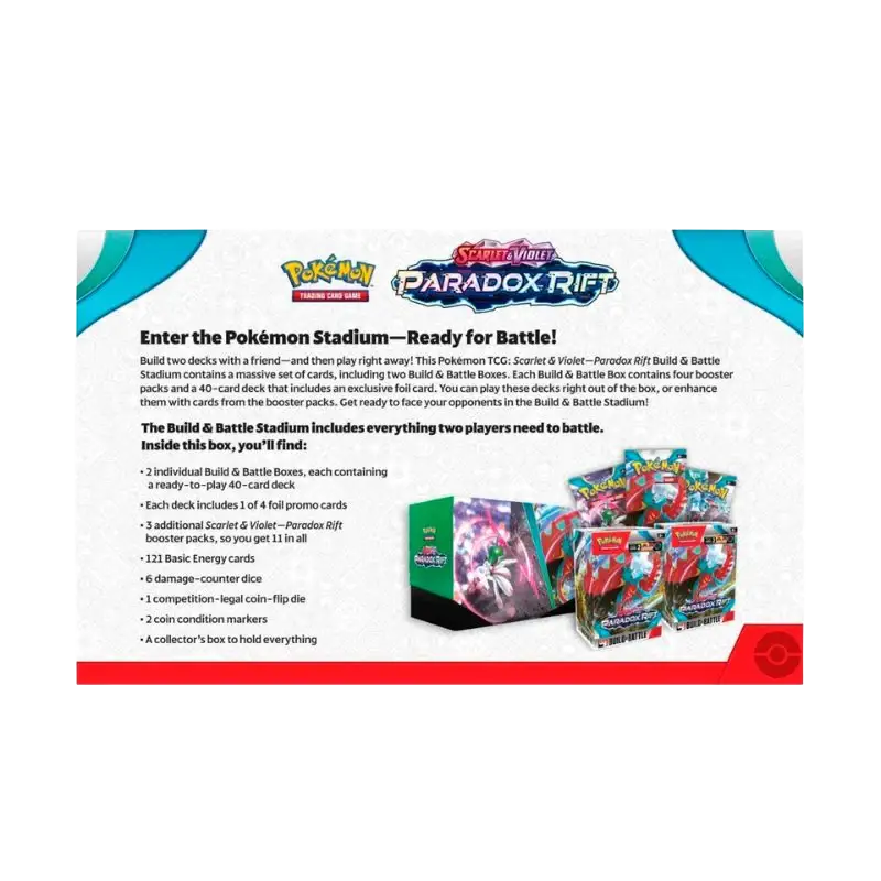 Paradox Rift Stadium Build & Battle Boxen und Karten bereit für das Pokémon Sammelkartenspiel.
