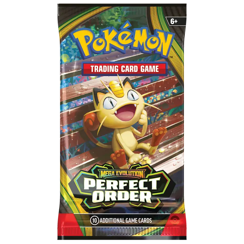 Image of Pokémon Trading Card Game booster pack featuring Meowth from the Perfect Order Booster Box.