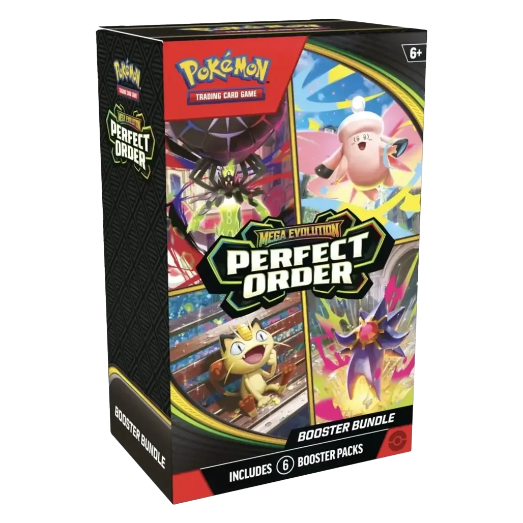 Pokémon Perfect Order Booster Bundle box with 6 booster packs from the Mega Evolution era.