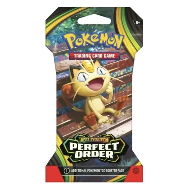 Booster sous plastique Perfect Order avec emballage du jeu de cartes à collectionner Pokémon mettant en vedette Miaouss et Méga-Évolution.