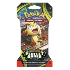 Booster sous plastique Perfect Order avec emballage du jeu de cartes à collectionner Pokémon mettant en vedette Miaouss et Méga-Évolution.
