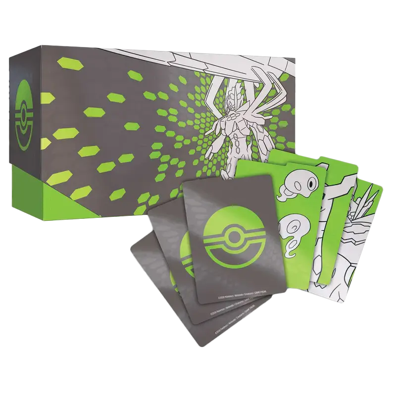 Perfect Order Elite Trainer Box showcasing booster packs and a striking green design with Mega Zygarde.