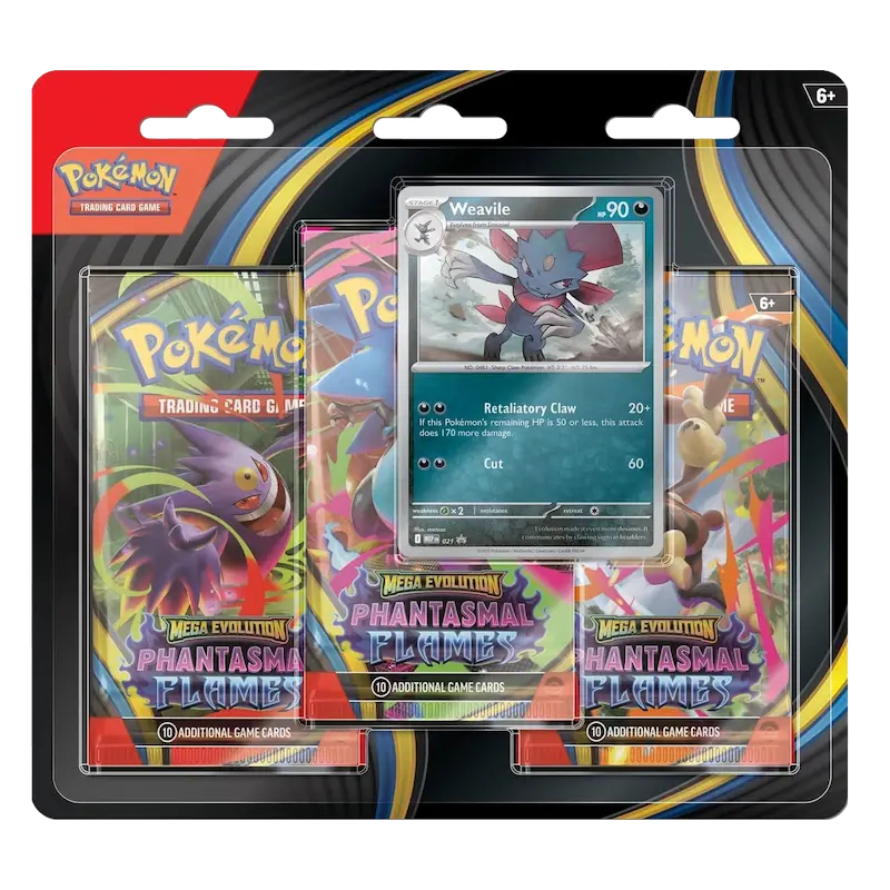 Phantasmal Flames 3P Blister (Live-stream) featuring Weavile promo card and booster packs.