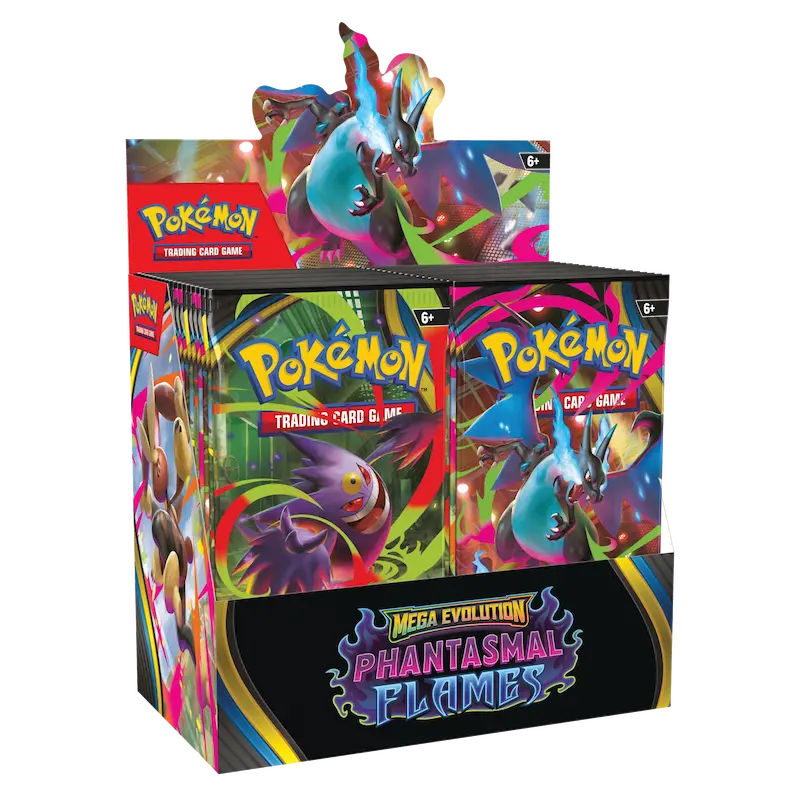Phantasmal Flames Booster Box (Live-stream) featuring Mega Evolution Pokémon cards and booster packs.