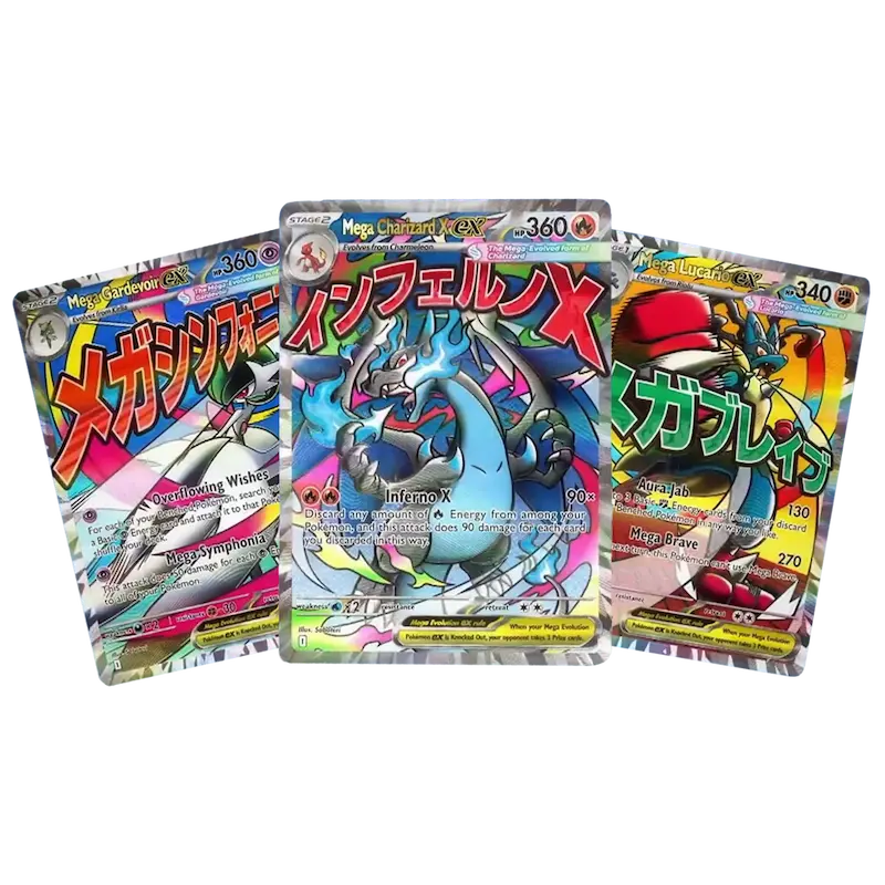 Three colorful Pokémon trading cards featuring Mega Charizard, Mega Rayquaza, and Mega Lucario.