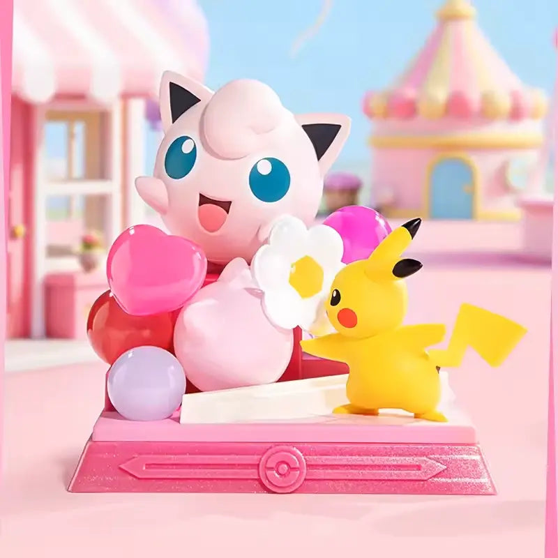 Pikachu and Friends Figure Blind Box featuring Pikachu and Jigglypuff with colorful hearts and flowers.