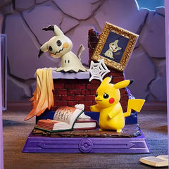 Pikachu and Friends Figure Blind Box featuring Pikachu, Mimikyu and spooky decor.