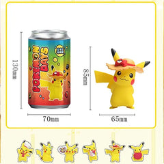 Pikachu Bonbon Figure next to a colorful Pokémon Days can, showcasing dimensions of each.