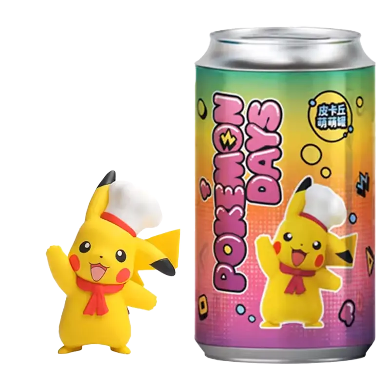 Pikachu Chef Figure next to a colorful Pokémon Days can, showcasing fun and delightful Pokémon merchandise.