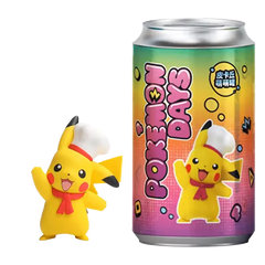 Pikachu Chef Figure next to a colorful Pokémon Days can, showcasing fun and delightful Pokémon merchandise.