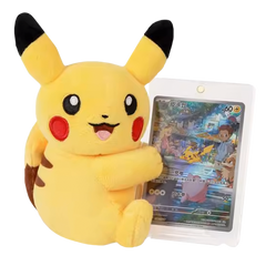 Pokémon Plush and Card Blind Box featuring Pikachu plush and matching Art rare card in magnetic holder.