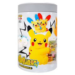 Pokémon Plush and Card Blind Box featuring Pikachu plush and Art rare promo card in a metal tin.